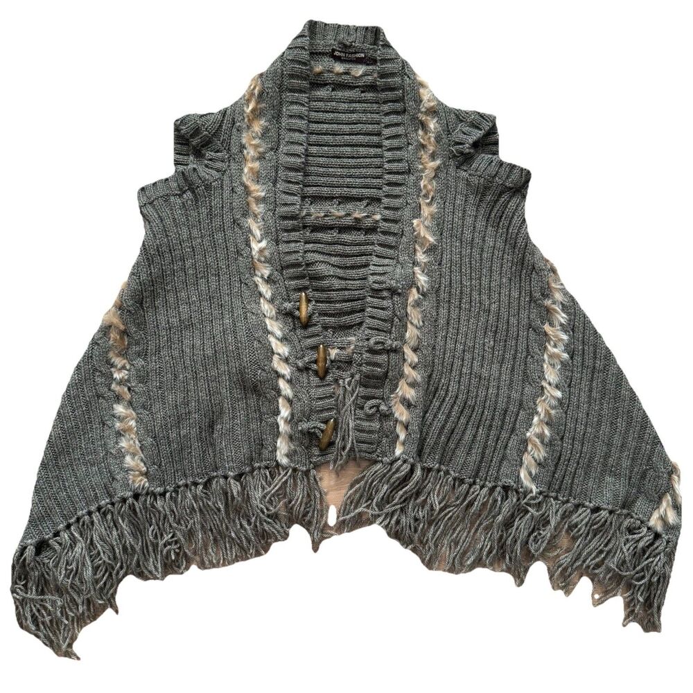 John Fashion Knit Poncho Sweater Womens One Size Gray Fringe Toggle Wool